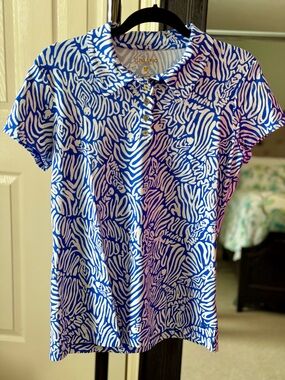NWT Lilly Pulitzer Martinique Blue Zee BeBe Frida Scallop Polo Sz L